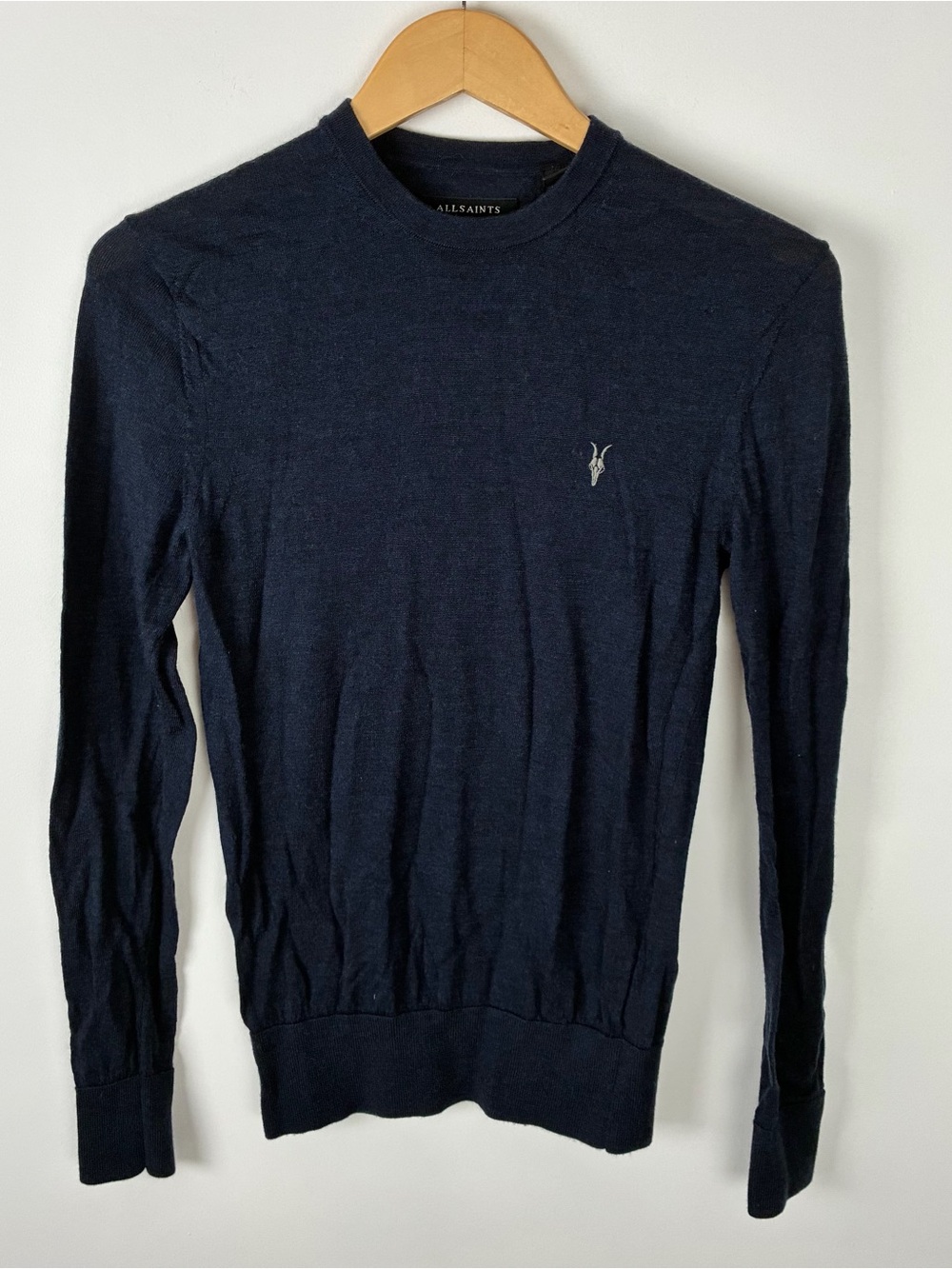 All Saints Men’s Navy Blue Mode Merino Crew Neck Ramskull Sweater Fall Winter XS